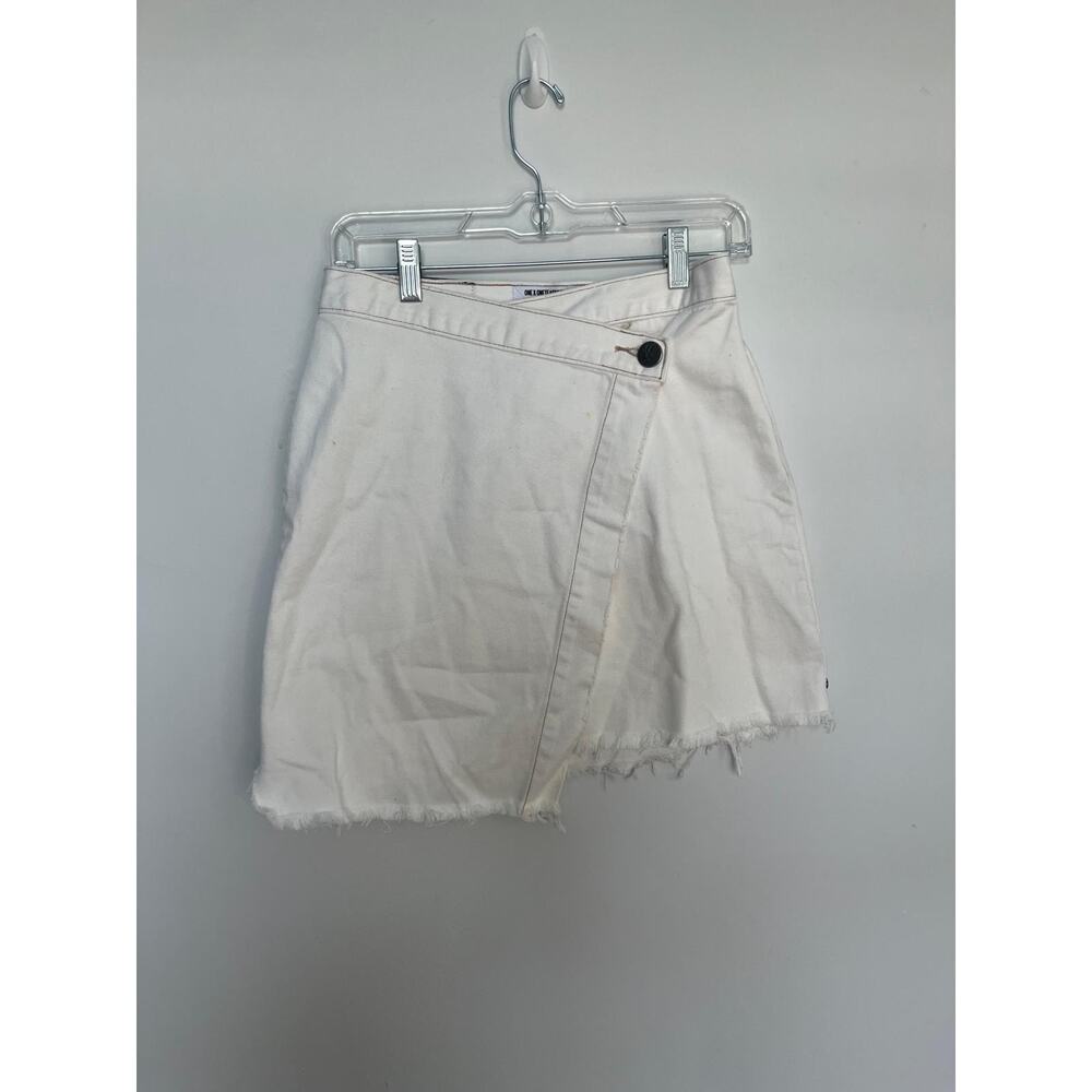 One x OneTeaspoon White Denim Wrap Mini Skirt Women 26 Distressed Raw‎ Hem